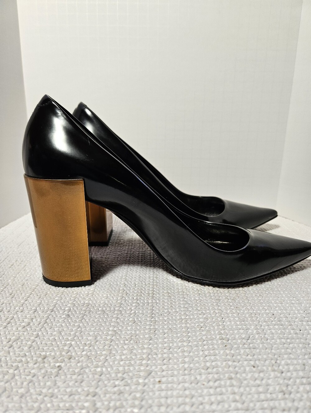 Pierre Hardy Black Patent Leather Gold/Bronze Toned Block Heel Pumps